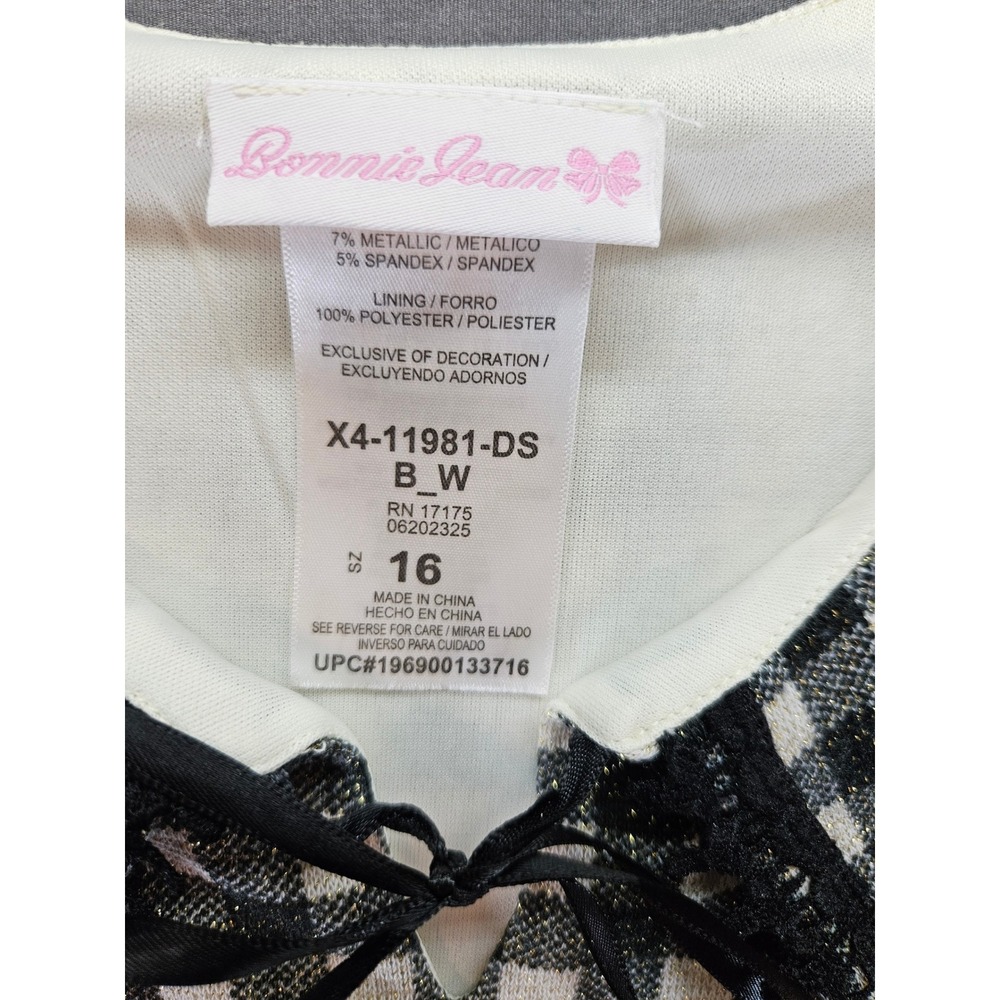 Bonnie Jean Girls Black White Gingham Metallic Lace Dress Sz 16 X4-11981-DS - Picture 2 of 3